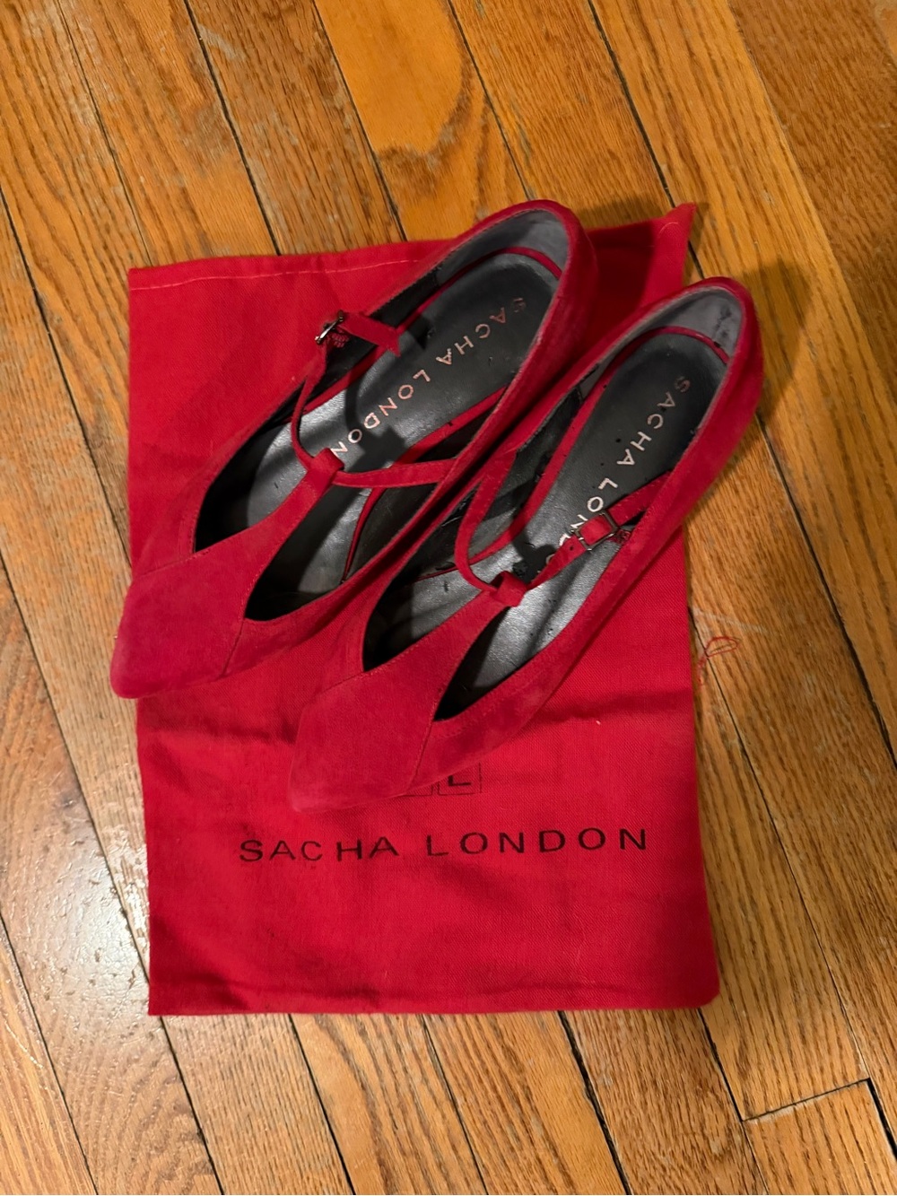 Sacha London Red Suede T-Strap Pointed kitten Heels